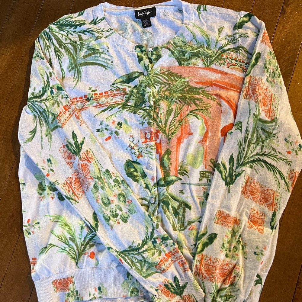 Lord & Taylor White Button-Down Shirt with Green Palm & Coral Print